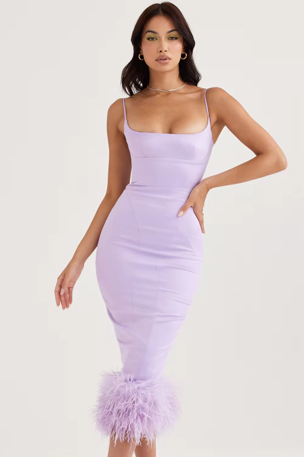 DorDor Feather Hem Trim Bodycon Midi Dress Further Sleeveless Sexy Dresses Women Formal Party Evening Dress - Image 2