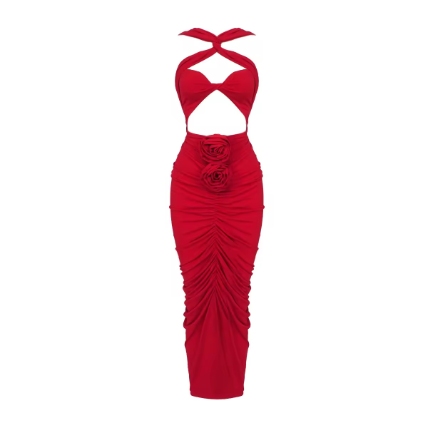 Western Style Red Women Midi Prom Dress Cutout Pleated Sexy Women Party Dress - Image 3