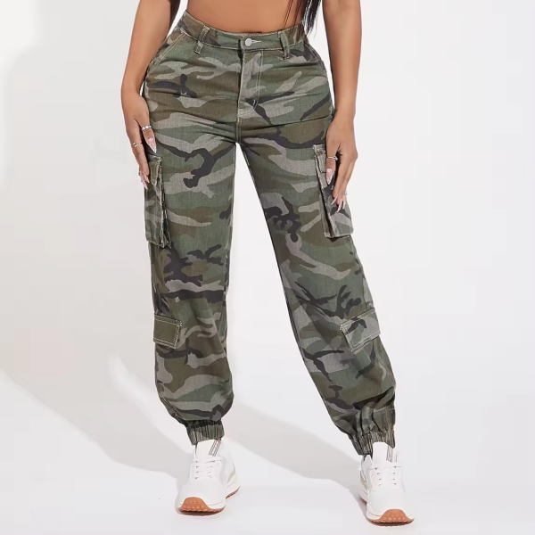 High waist flap pocket cargo denim jeans camouflage cargo pants women camo print cargo jeans wide leg - Image 5