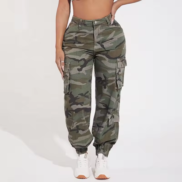 High waist flap pocket cargo denim jeans camouflage cargo pants women camo print cargo jeans wide leg - Image 4