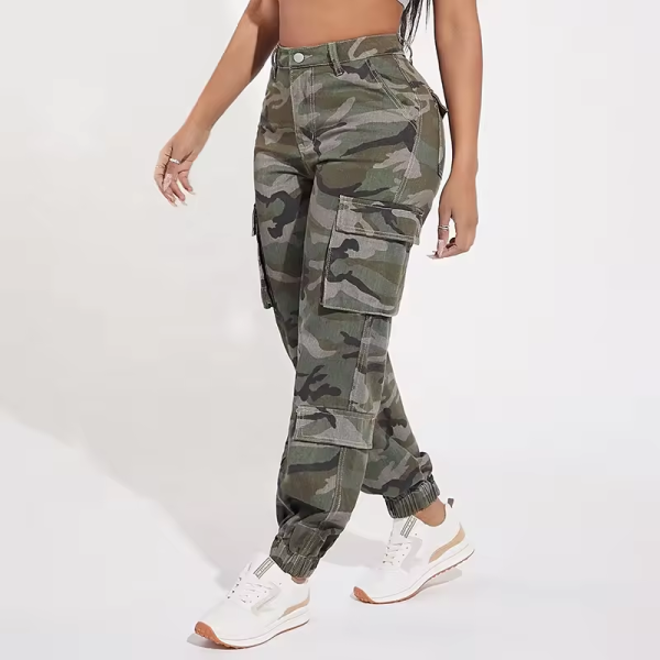 High waist flap pocket cargo denim jeans camouflage cargo pants women camo print cargo jeans wide leg - Image 3