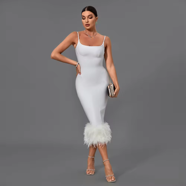 DorDor Feather Hem Trim Bodycon Midi Dress Further Sleeveless Sexy Dresses Women Formal Party Evening Dress - Image 5